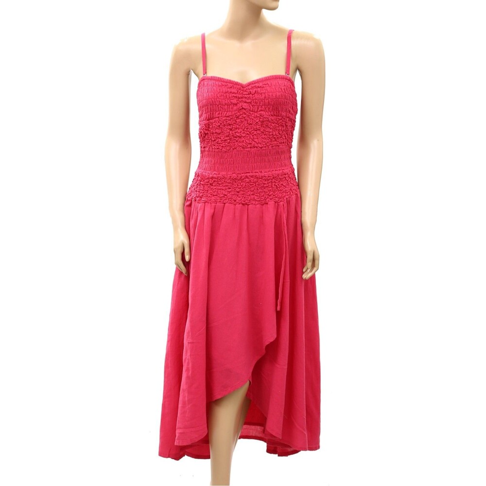 Free People Sparkling Drop-Waist Moment Midi Dress Smocked Cotton Pink S 291082
